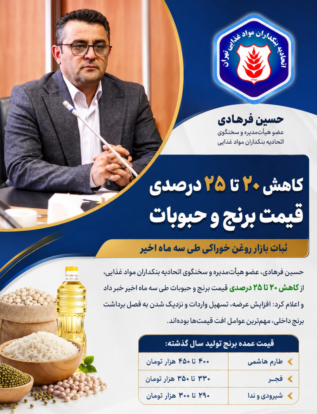 عضو هیأت‌مدیره و سخنگوی اتحادیه بنکداران مواد غذایی مطرح کرد: کاهش ۲۰ تا ۲۵ درصدی قیمت برنج ایرانی/ ثبات در بازار روغن خوراکی